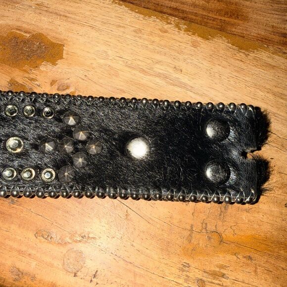 BB Simon Crystal Beaded Studded Western Black Leather Belt Sz L 32-38” Pony Hair main image 9